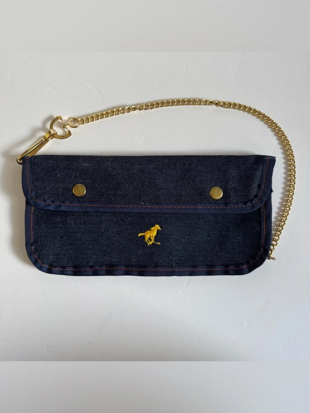 Vintage Ford Mustang Denim Chain Biker Denim Wallet Blue Embroidered Snap Bifold